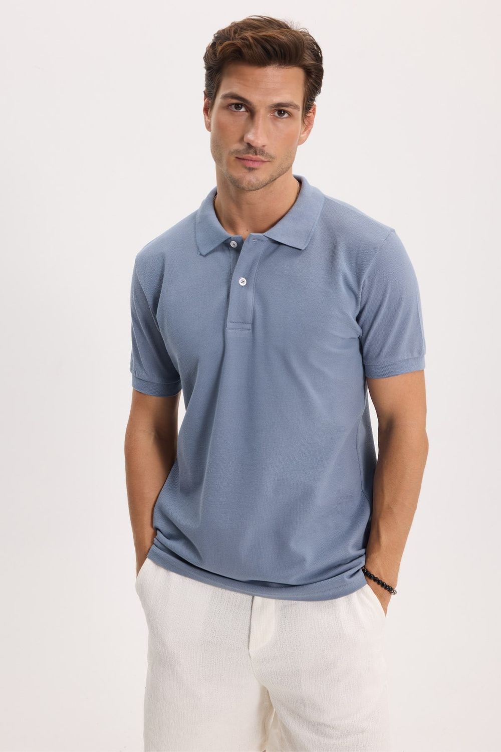 Erkek Slim Fit Dar Kesim %100 Pamuk Kısa Kollu Polo Yaka İndigo Tişört