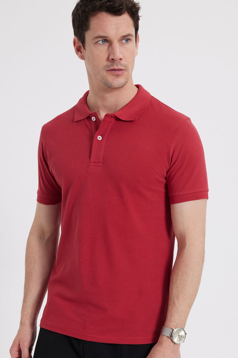 Erkek Slim Fit Dar Kesim %100 Pamuk Kırmızı Polo Yaka Tişört