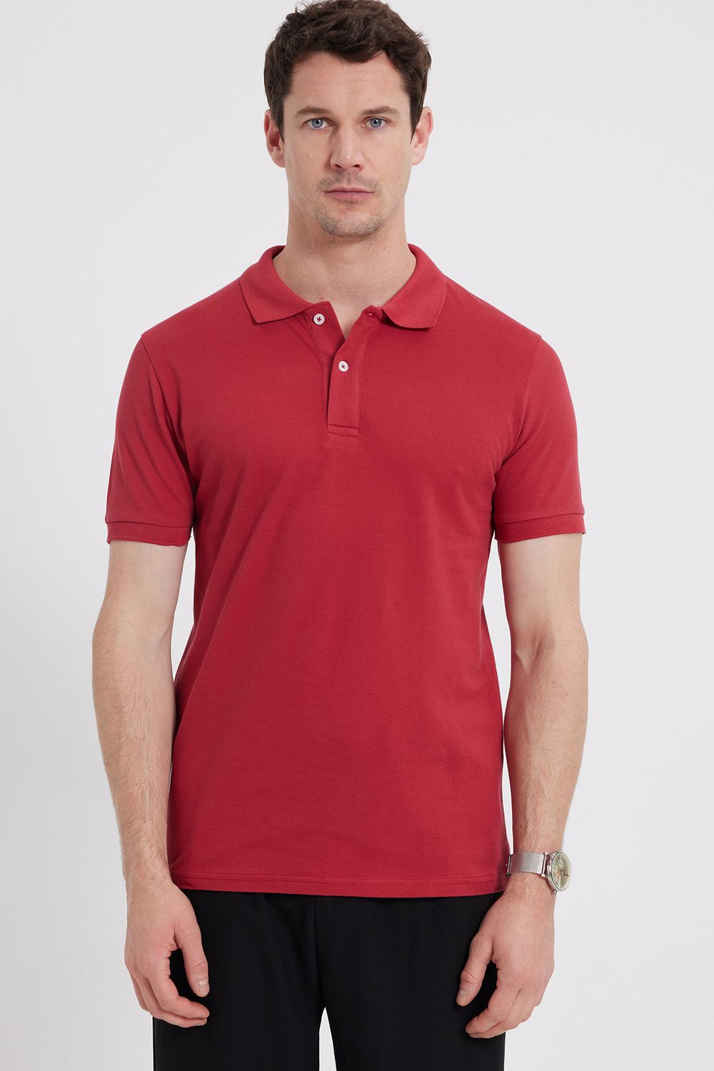 Erkek Slim Fit Dar Kesim %100 Pamuk Kırmızı Polo Yaka Tişört