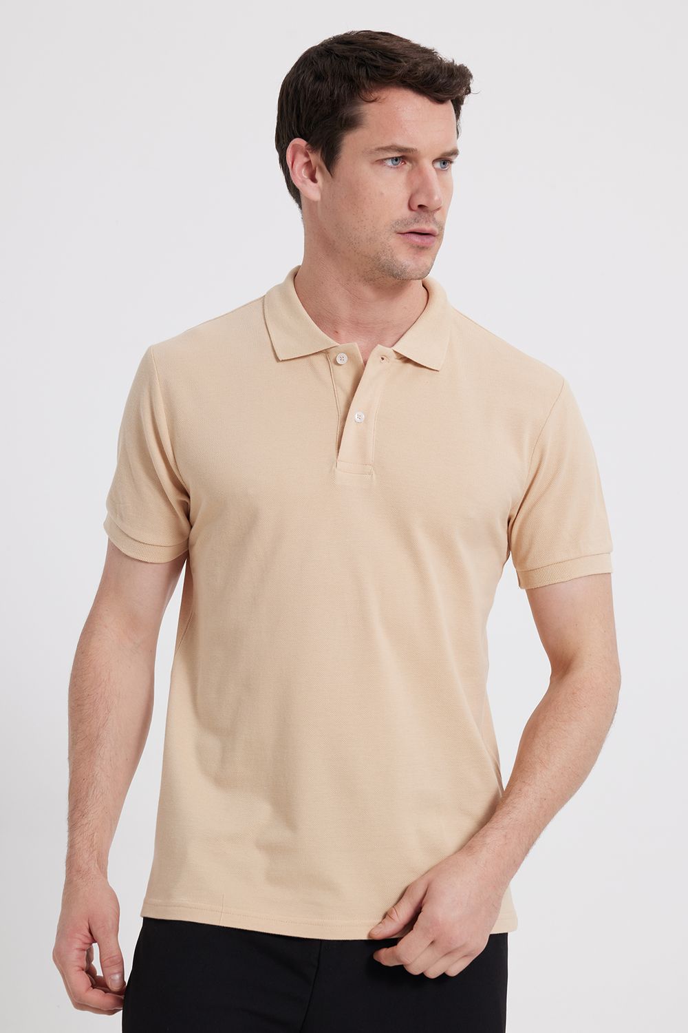 Erkek Slim Fit Dar Kesim %100 Pamuk Bej Polo Yaka Tişört