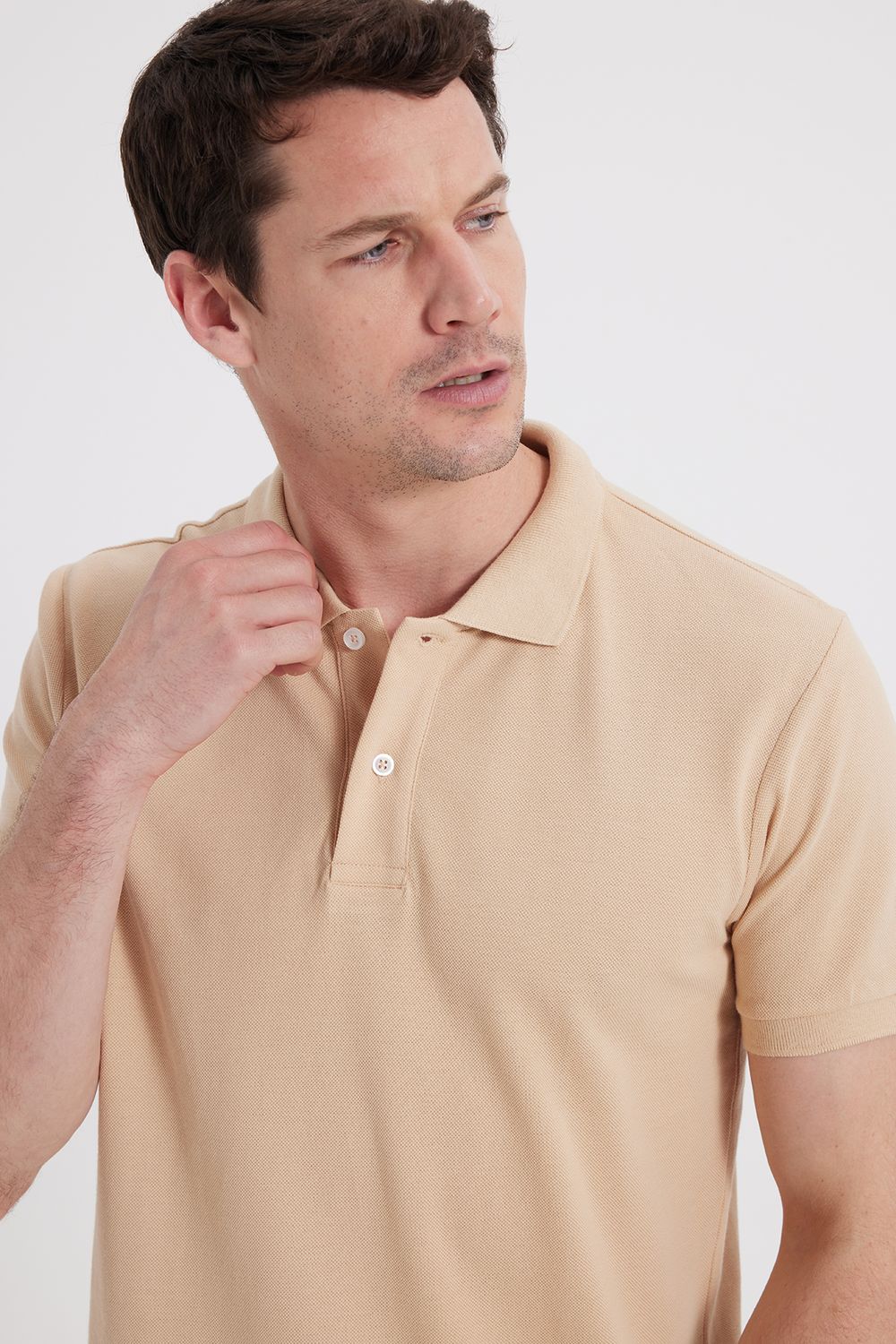 Erkek Slim Fit Dar Kesim %100 Pamuk Bej Polo Yaka Tişört