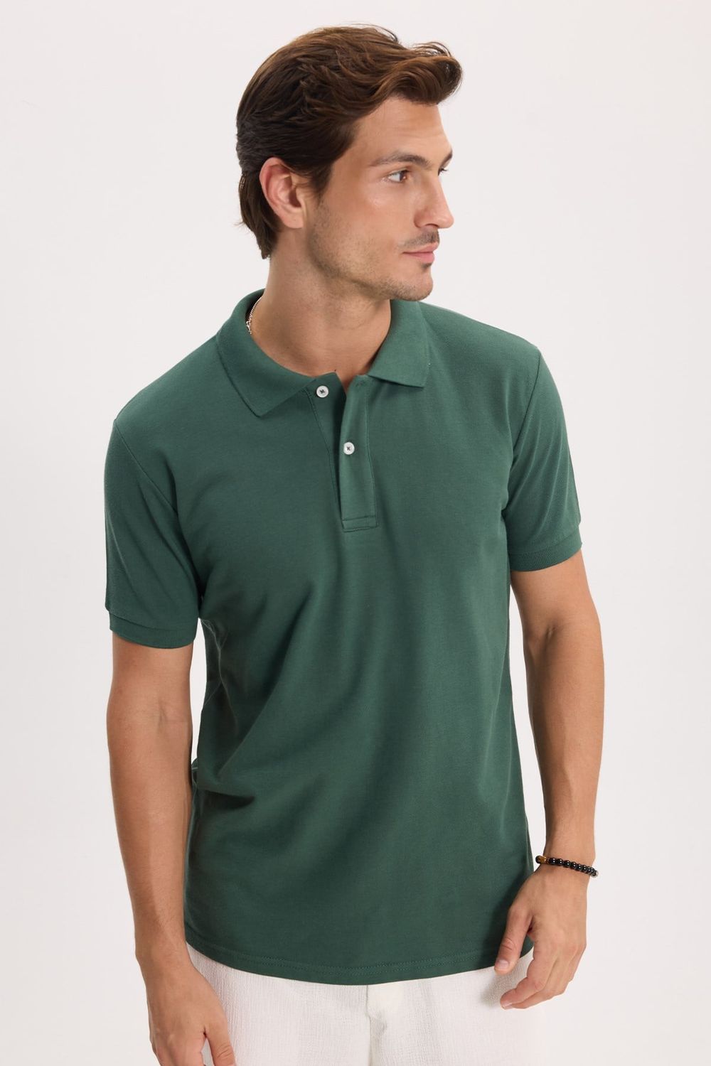 Erkek Slim Fit Dar Kesim %100 Pamuk Kısa Kollu Polo Yaka Haki Tişört