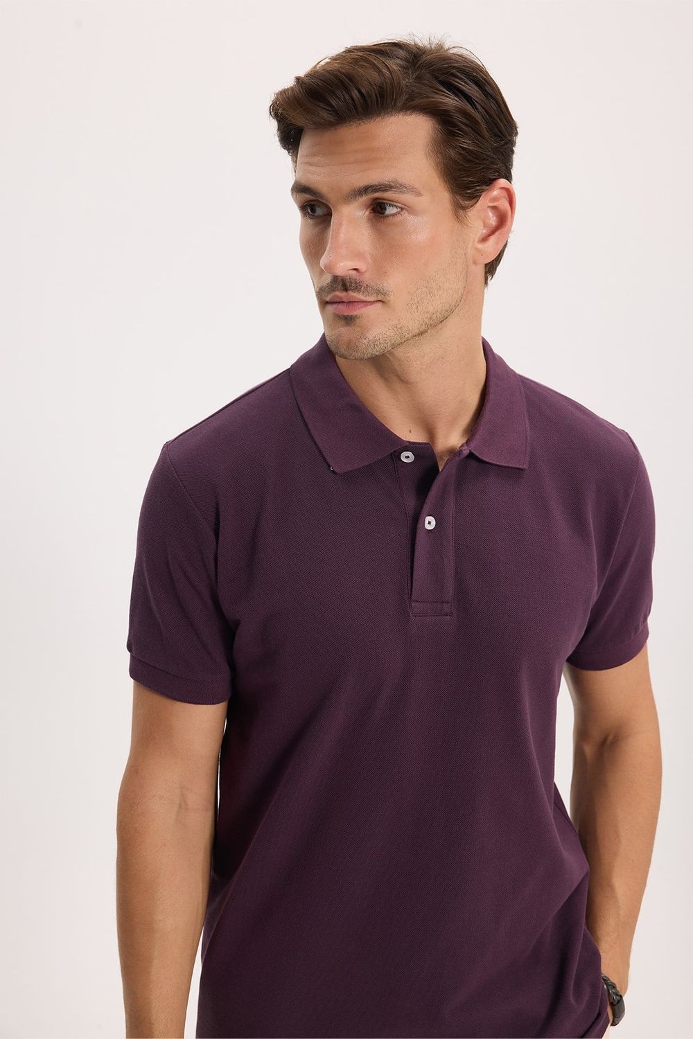 Erkek Slim Fit Dar Kesim %100 Pamuk Kısa Kollu Polo Yaka Mor Tişört