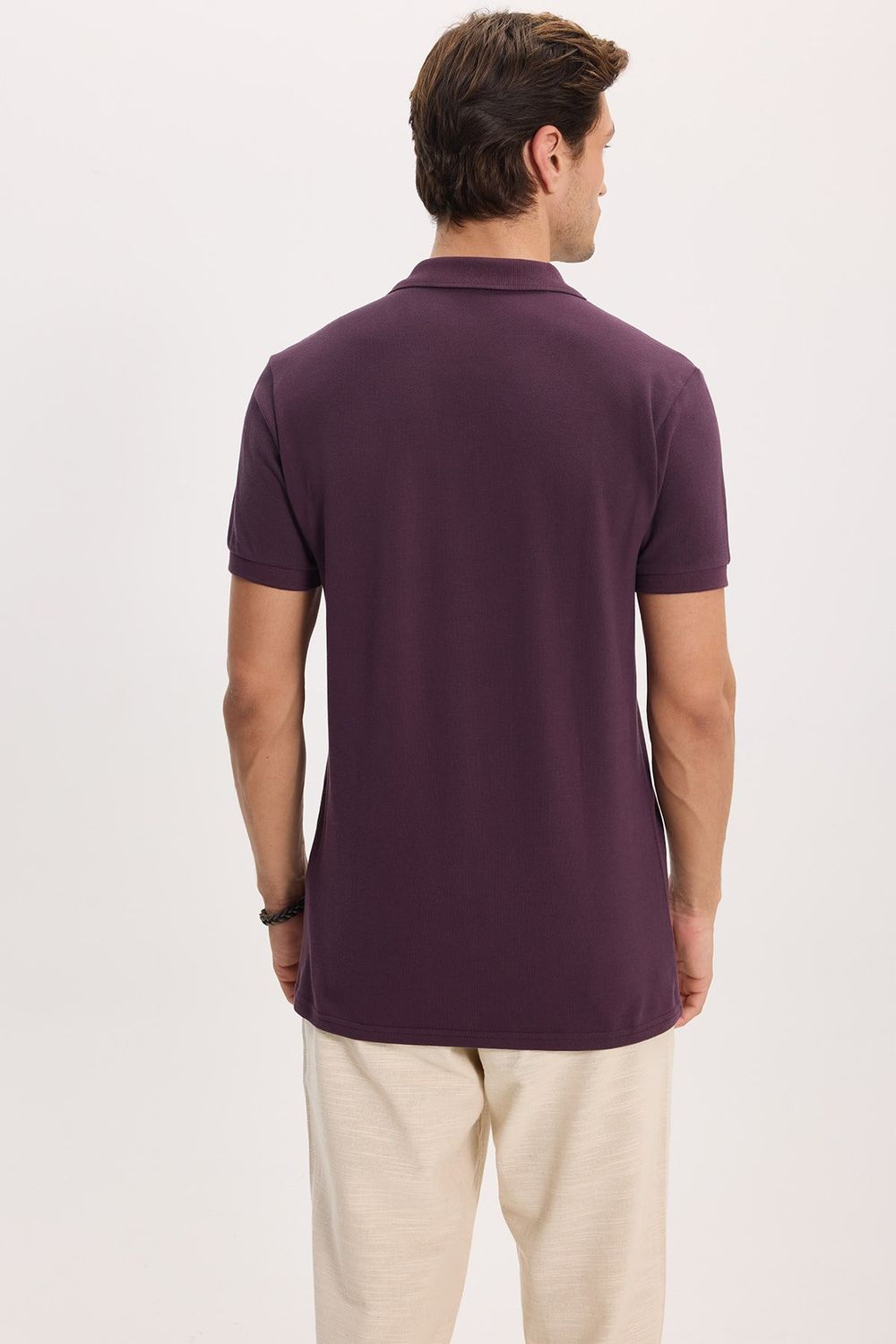 Erkek Slim Fit Dar Kesim %100 Pamuk Kısa Kollu Polo Yaka Mor Tişört
