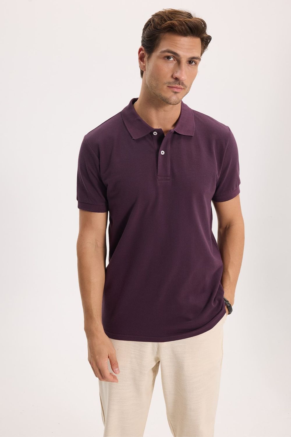 Erkek Slim Fit Dar Kesim %100 Pamuk Kısa Kollu Polo Yaka Mor Tişört