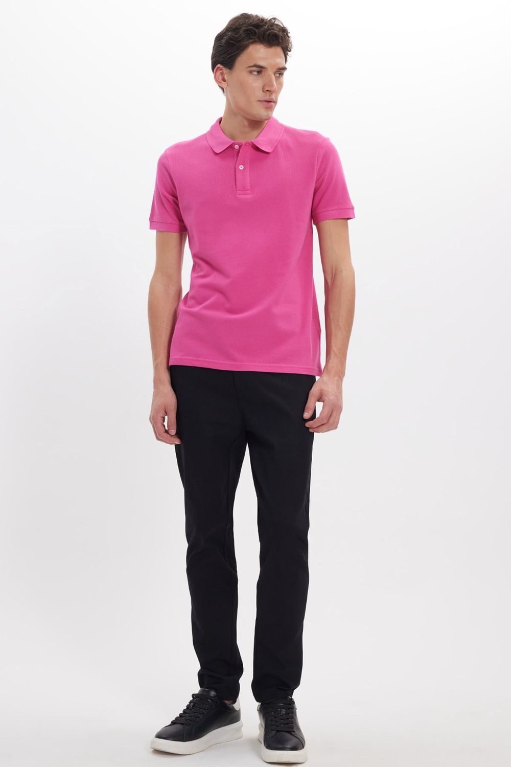 Erkek Slim Fit Dar Kesim %100 Pamuk Kısa Kollu Polo Yaka Pembe Tişört