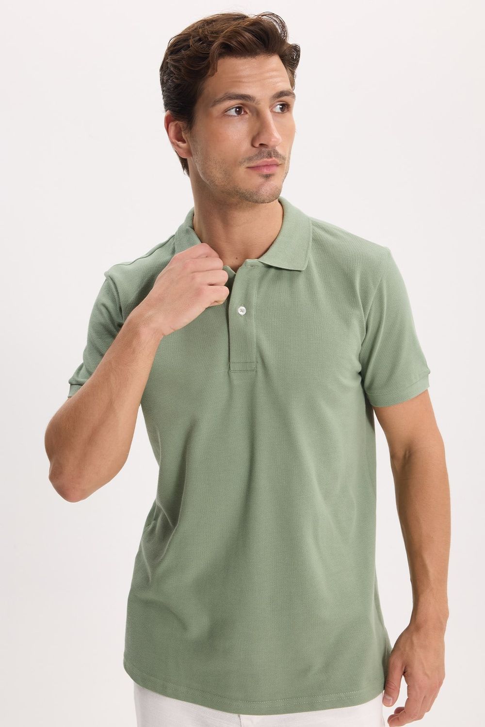 Erkek Slim Fit Dar Kesim %100 Pamuk Kısa Kollu Polo Yaka Yeşil Tişört