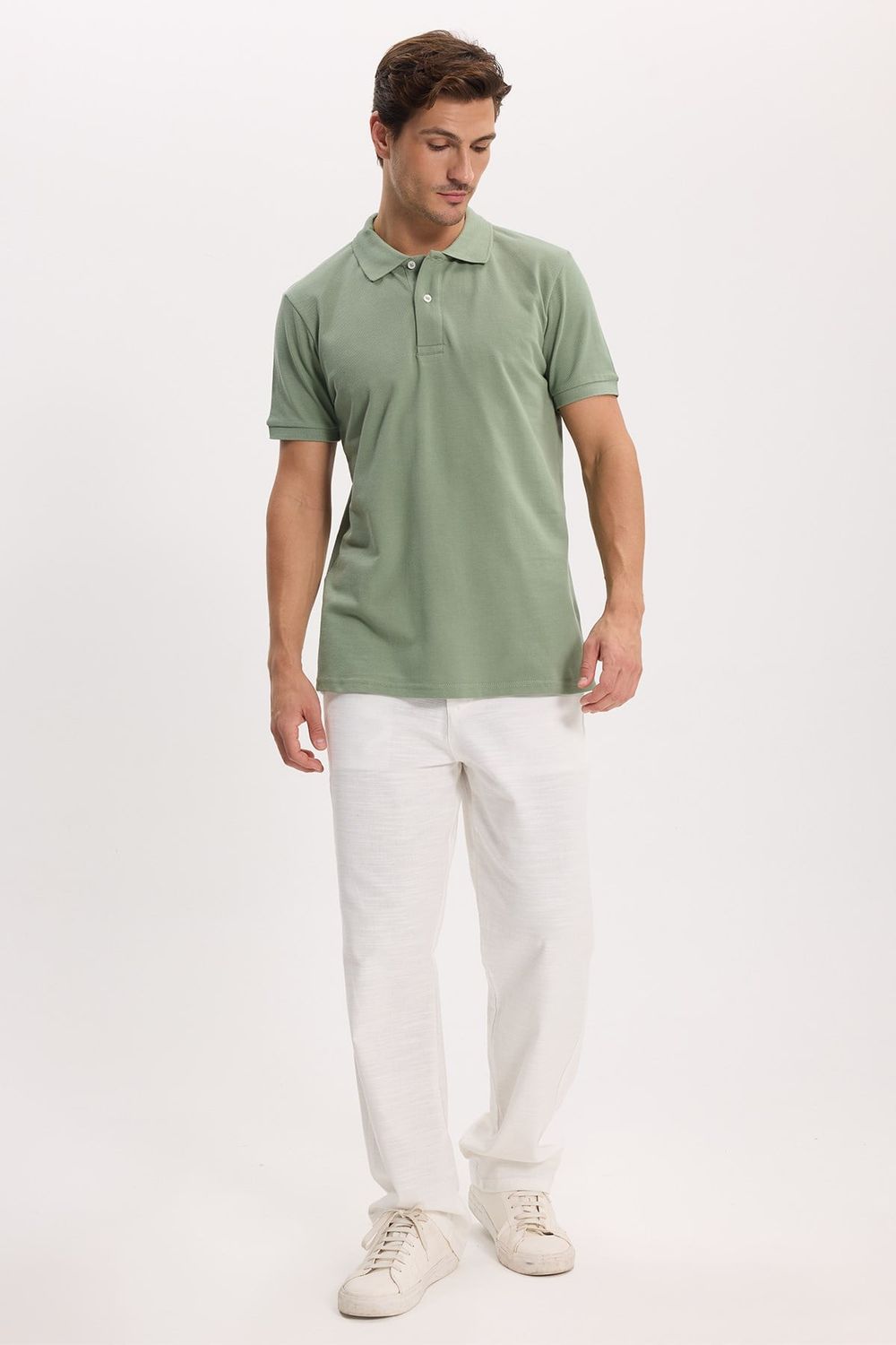 Erkek Slim Fit Dar Kesim %100 Pamuk Kısa Kollu Polo Yaka Yeşil Tişört