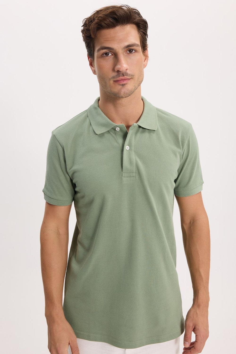 Erkek Slim Fit Dar Kesim %100 Pamuk Kısa Kollu Polo Yaka Yeşil Tişört