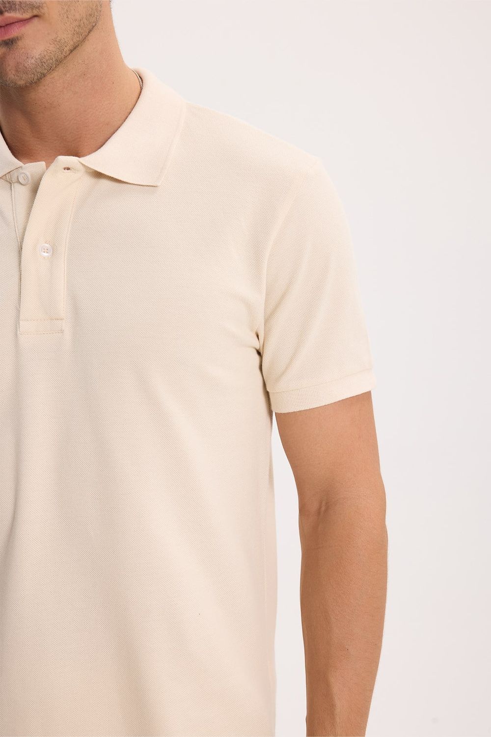 Erkek Slim Fit Dar Kesim %100 Pamuk Kısa Kollu Polo Yaka Ekru Tişört