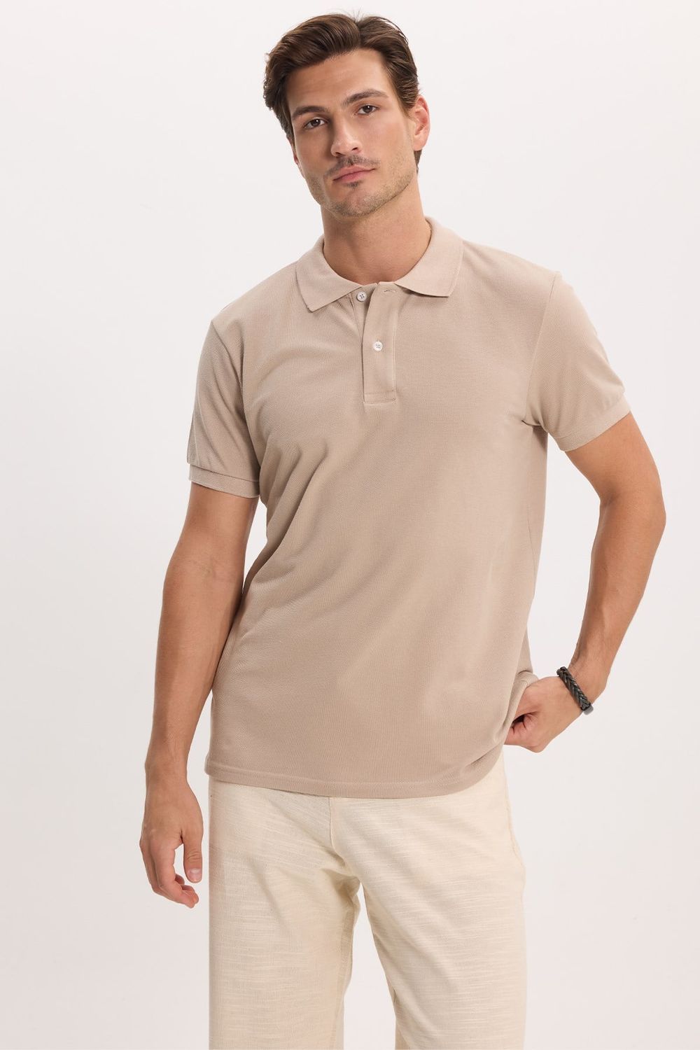 Erkek Slim Fit Dar Kesim %100 Pamuk Kısa Kollu Polo Yaka Taş Tişört