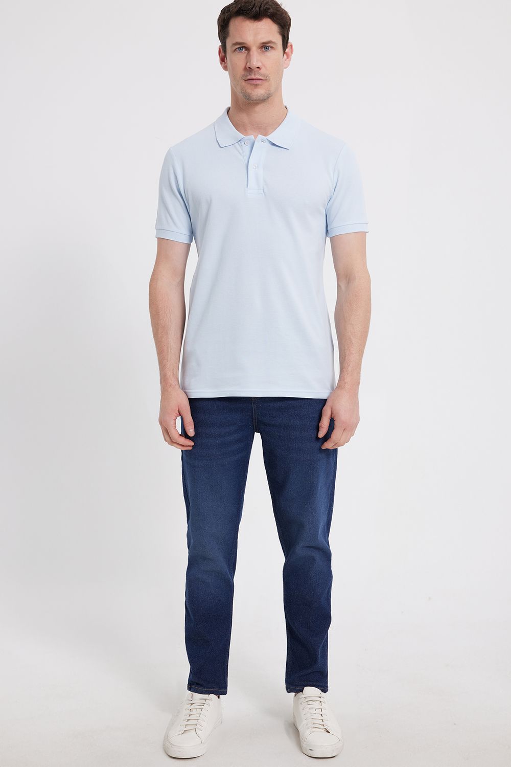 Erkek Slim Fit Dar Kesim %100 Pamuk Turkuaz Polo Yaka Tişört