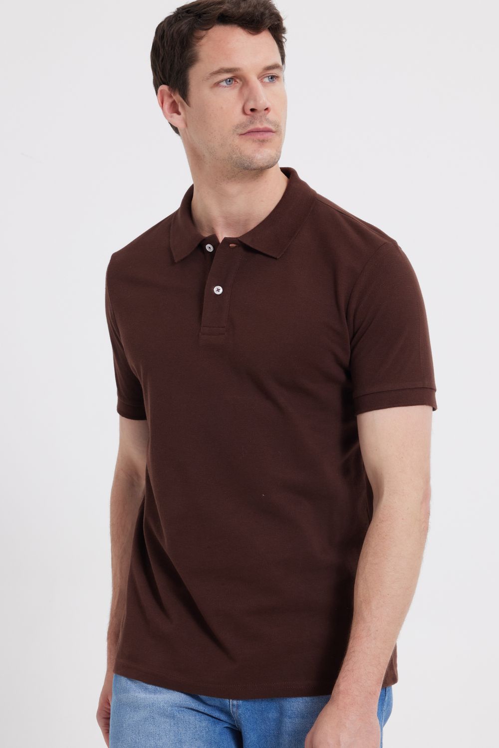 Erkek Slim Fit Dar Kesim %100 Pamuk Kahverengi Polo Yaka Tişört