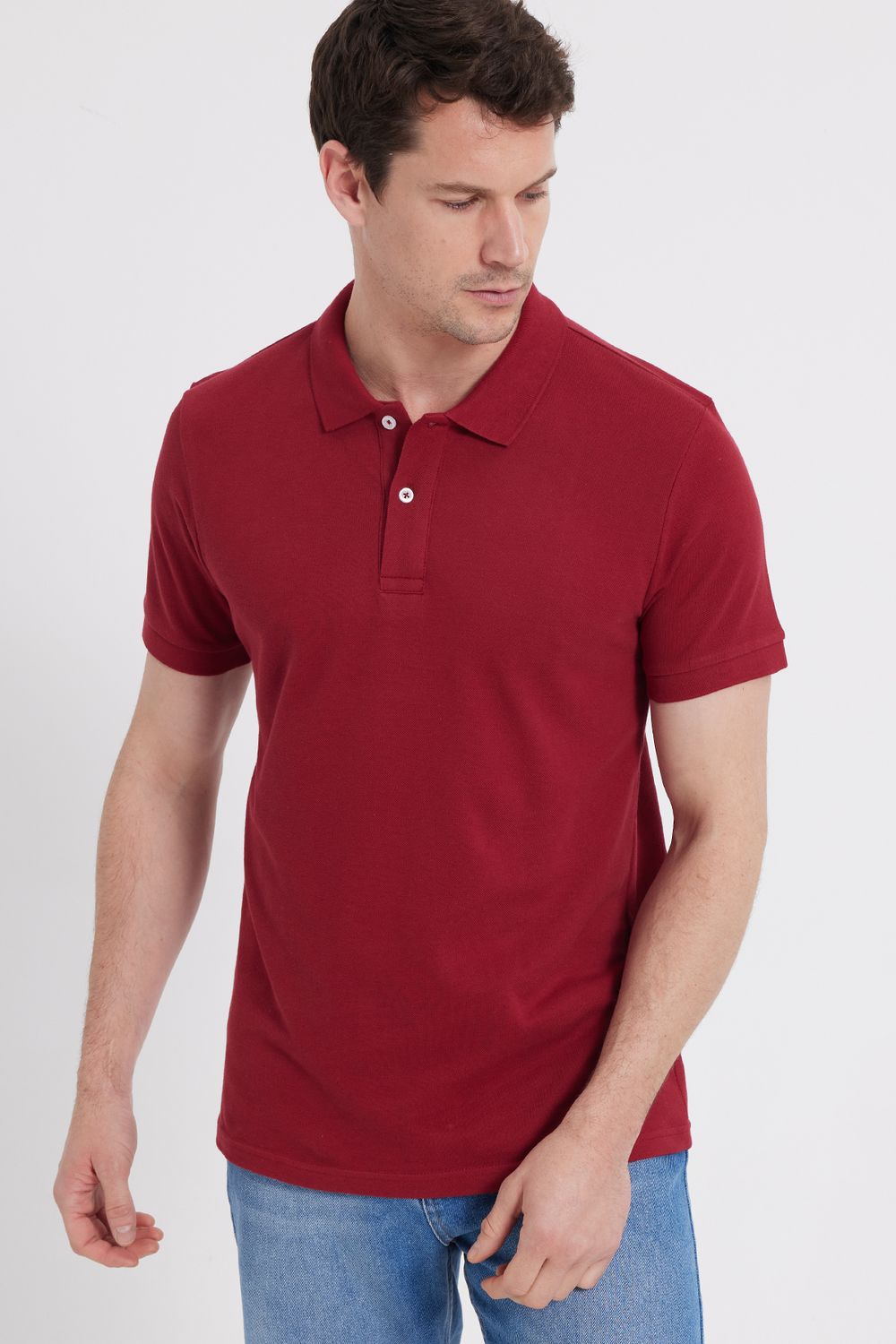 Erkek Slim Fit Dar Kesim %100 Pamuk Kırmızı Polo Yaka Tişört