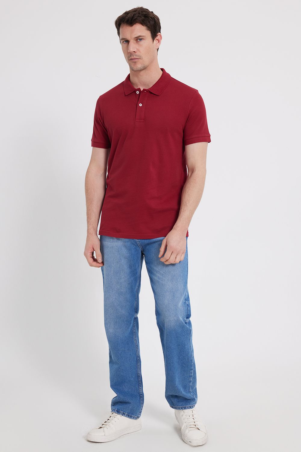 Erkek Slim Fit Dar Kesim %100 Pamuk Kırmızı Polo Yaka Tişört