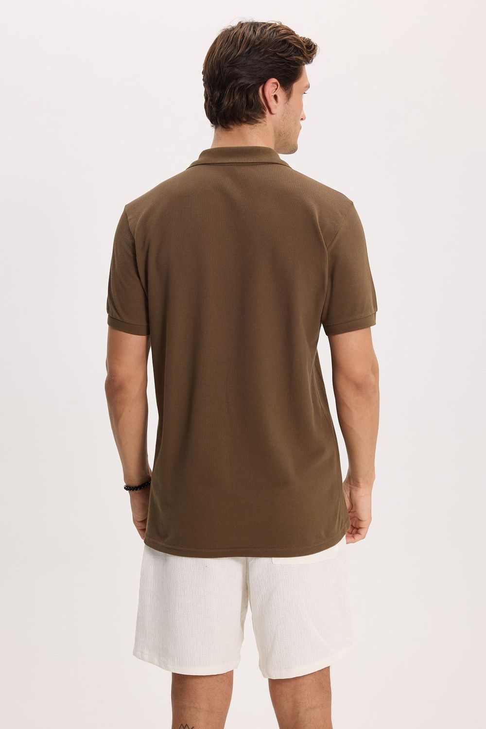 Erkek Slim Fit Dar Kesim %100 Pamuk Kısa Kollu Polo Yaka Kahverengi Tişört
