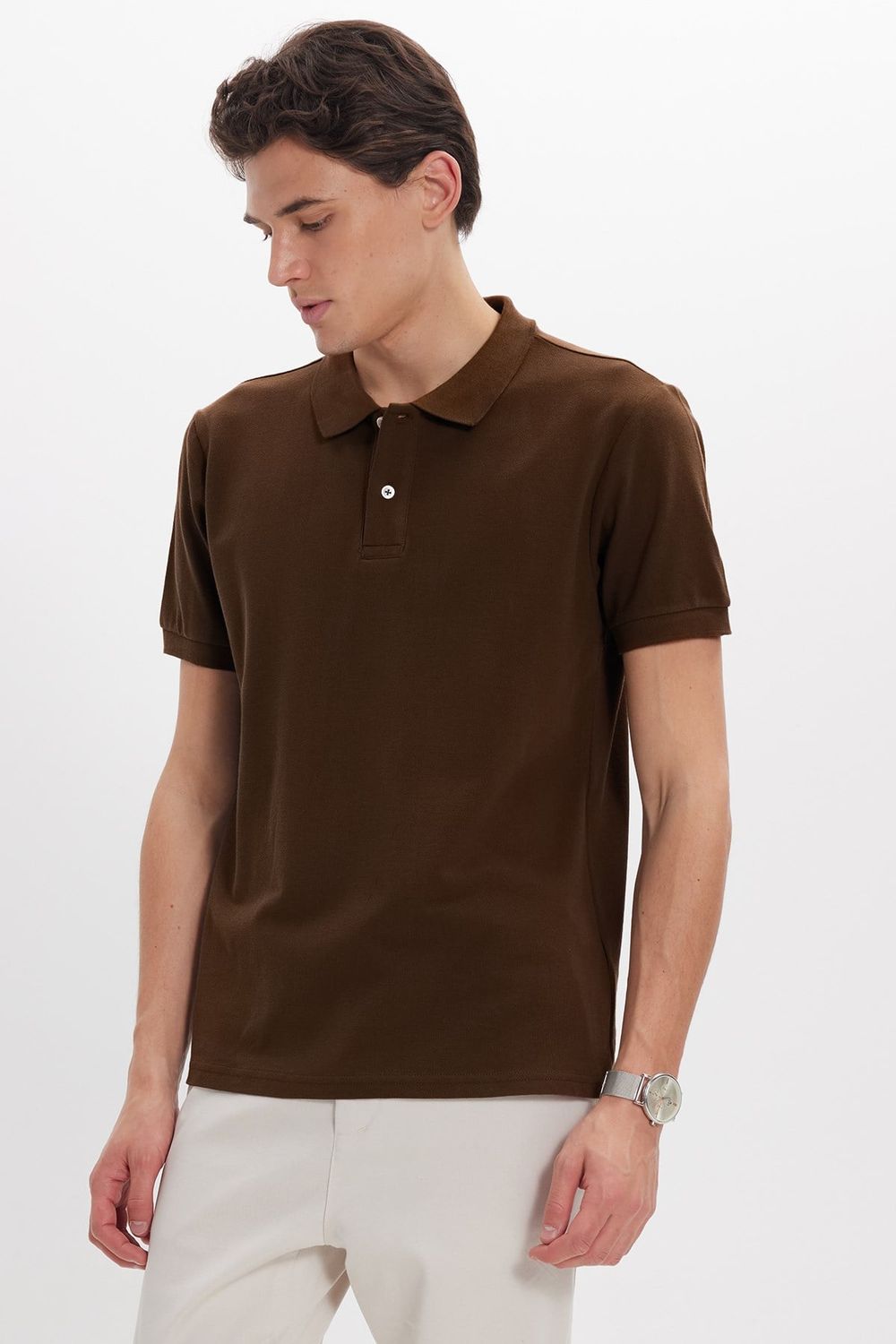Erkek Slim Fit Dar Kesim %100 Pamuk Kısa Kollu Polo Yaka Kahverengi Tişört