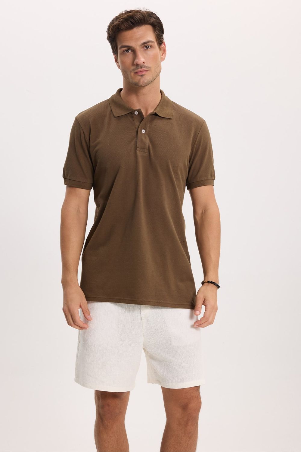 Erkek Slim Fit Dar Kesim %100 Pamuk Kısa Kollu Polo Yaka Kahverengi Tişört