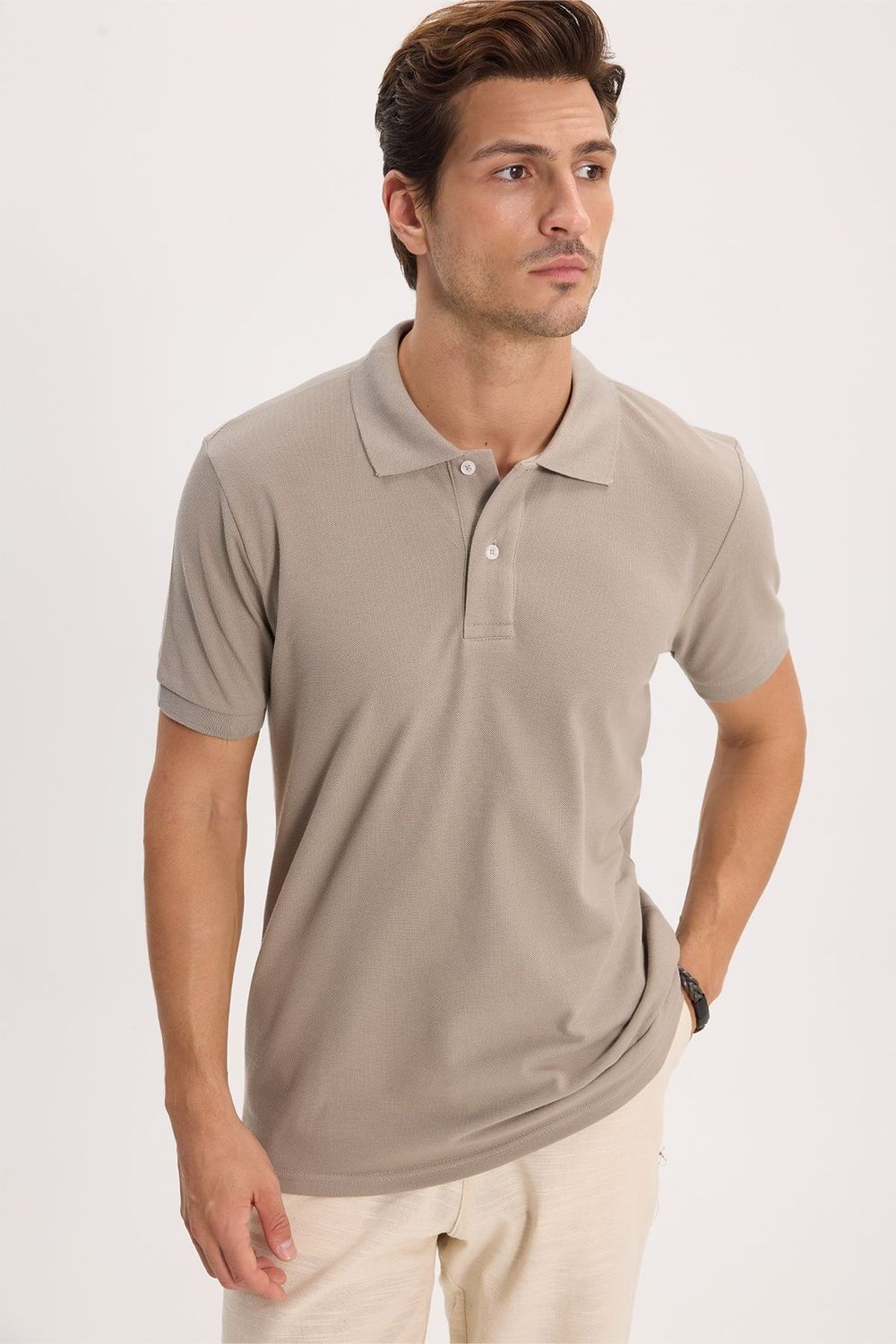 Erkek Slim Fit Dar Kesim %100 Pamuk Kısa Kollu Polo Yaka Vizon Tişört