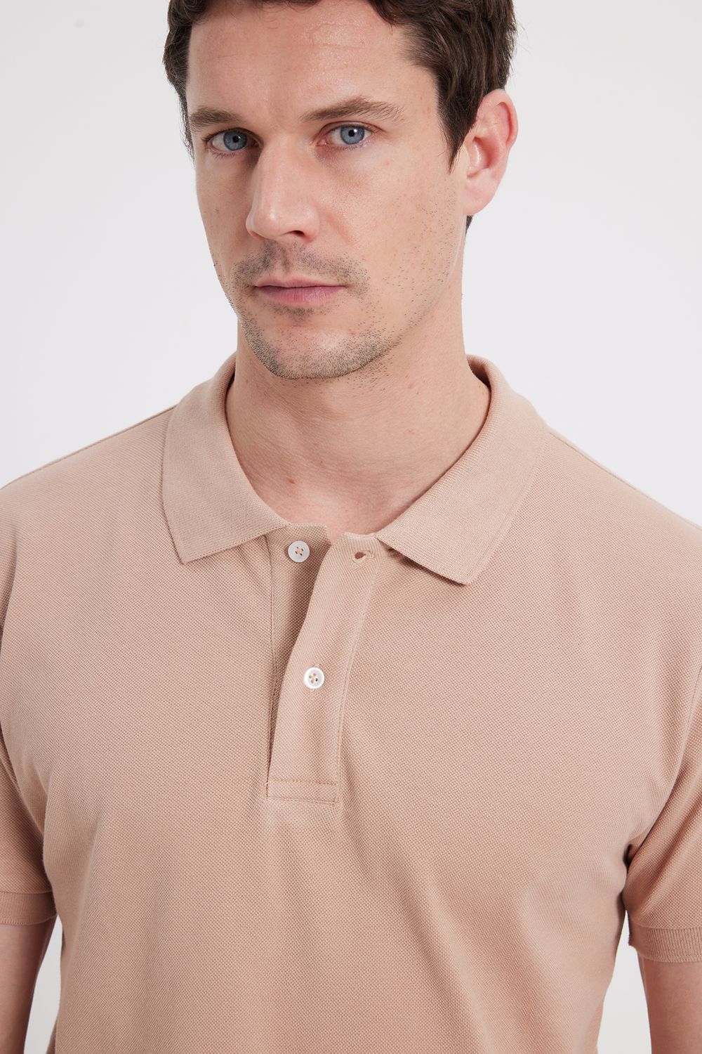Erkek Slim Fit Dar Kesim %100 Pamuk Bej Polo Yaka Tişört