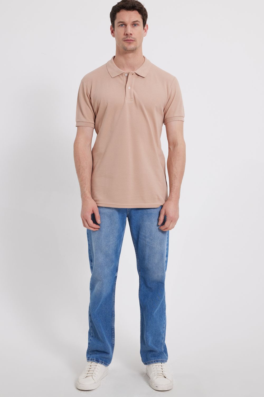 Erkek Slim Fit Dar Kesim %100 Pamuk Bej Polo Yaka Tişört