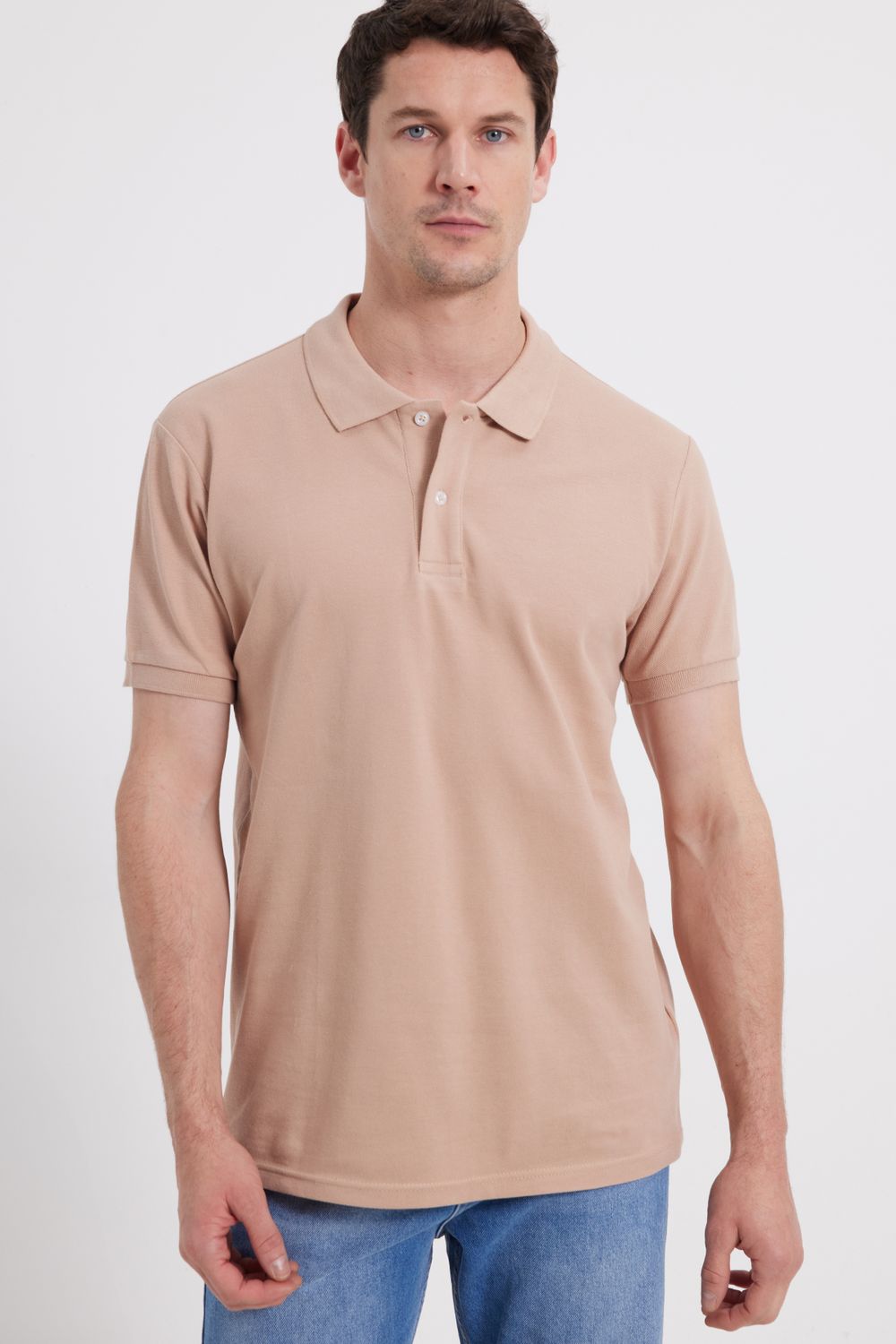Erkek Slim Fit Dar Kesim %100 Pamuk Bej Polo Yaka Tişört