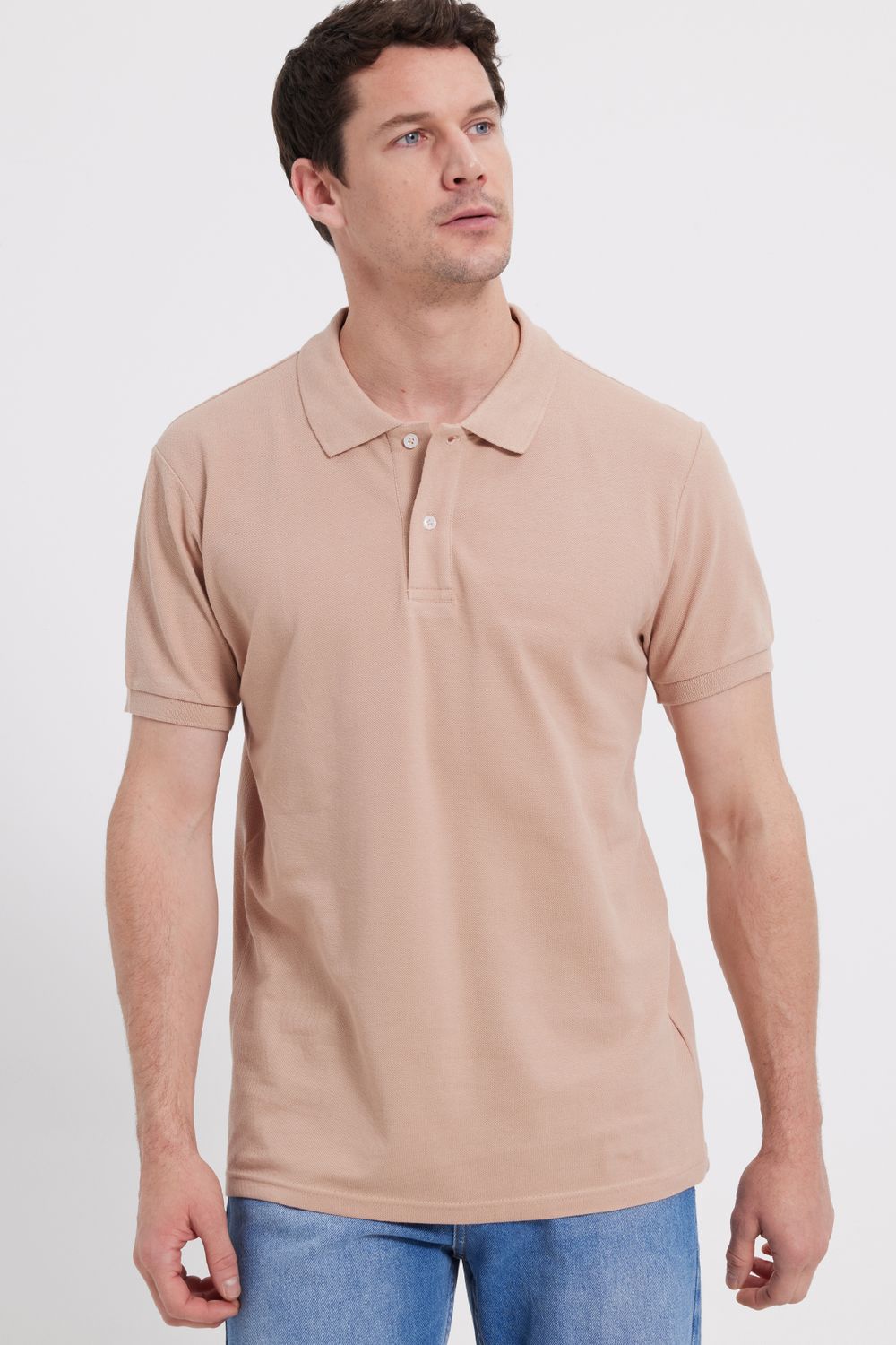Erkek Slim Fit Dar Kesim %100 Pamuk Bej Polo Yaka Tişört