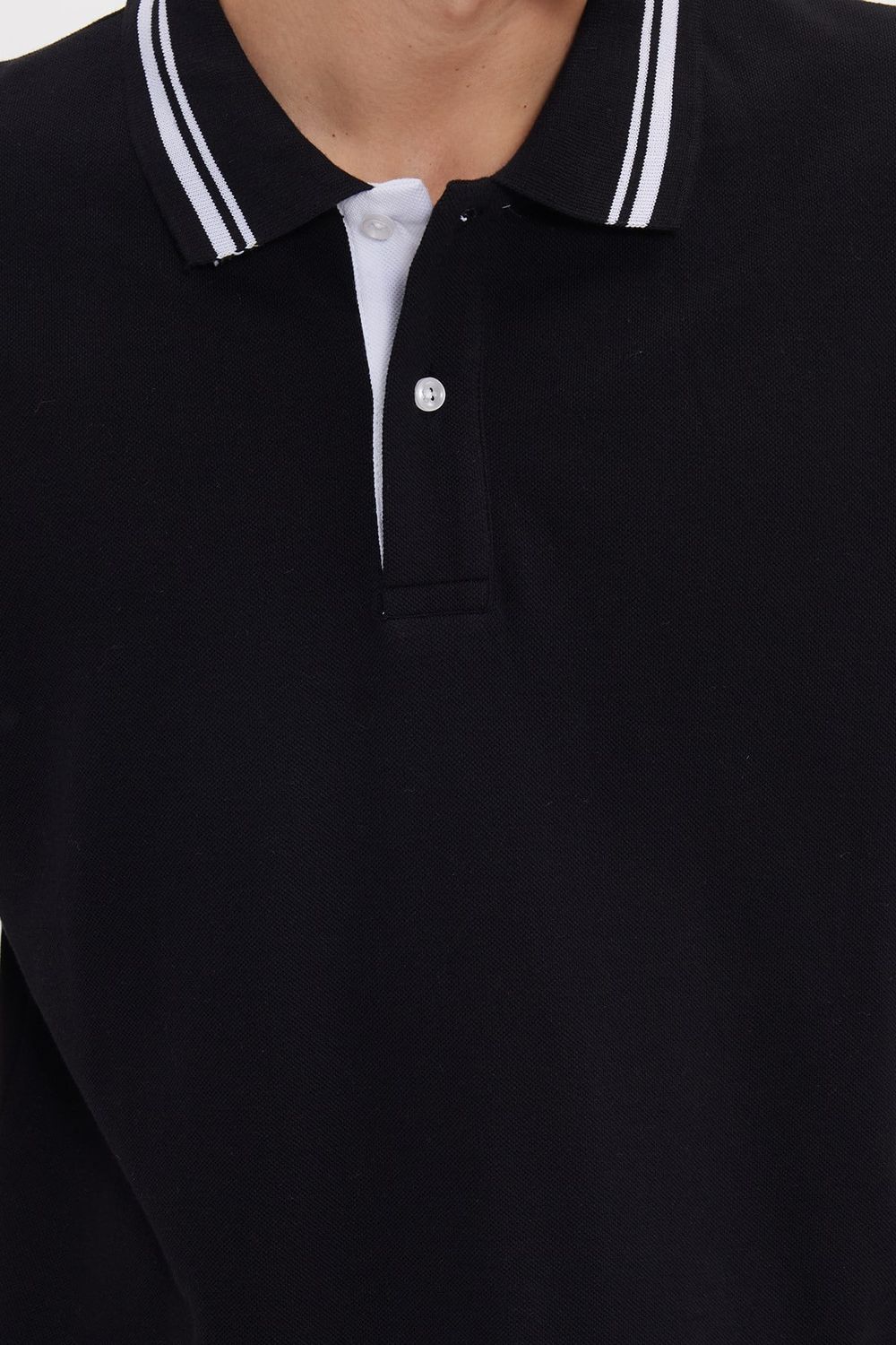 Erkek Slim Fit Dar Kesim %100 Pamuk Düz Pike Yaka ve Kol Detaylı Siyah Polo Yaka Tişört