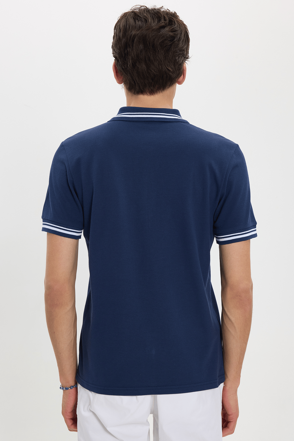 Erkek Slim Fit Dar Kesim %100 Pamuk Düz Pike Yaka ve Kol Detaylı Lacivert Polo Yaka Tişört