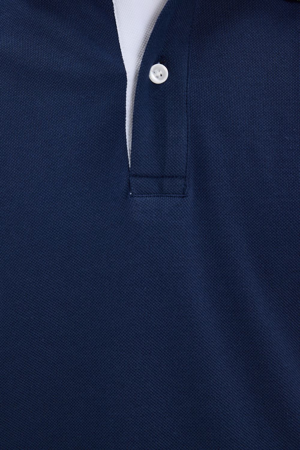Erkek Slim Fit Dar Kesim %100 Pamuk Düz Pike Yaka ve Kol Detaylı Lacivert Polo Yaka Tişört