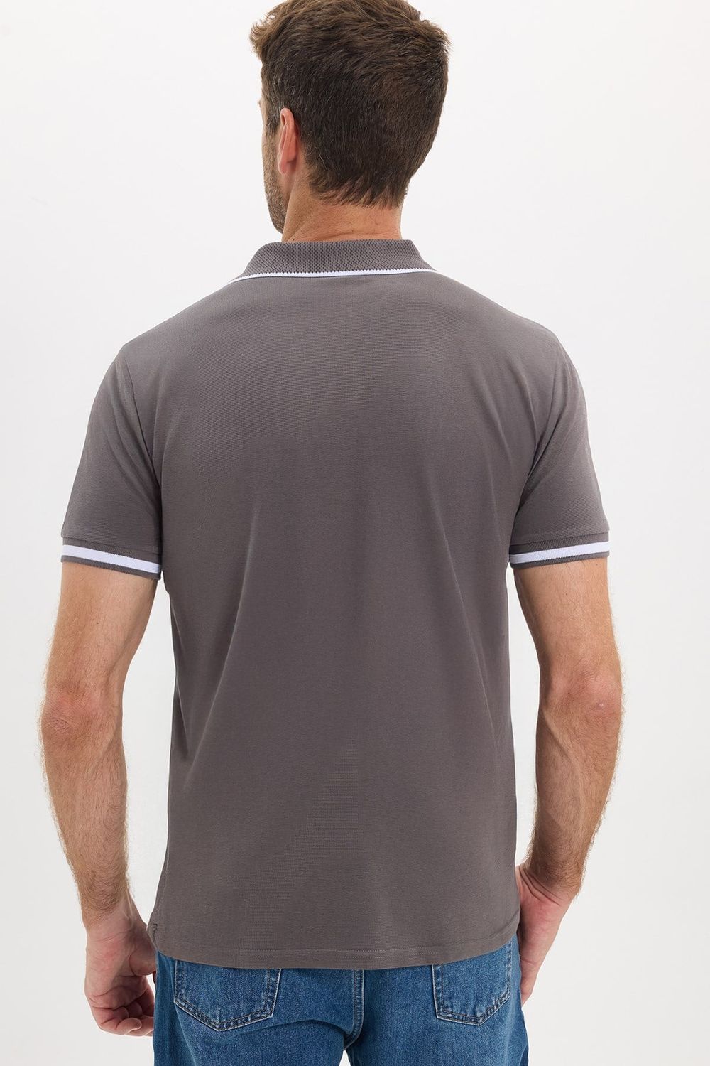 Erkek Slim Fit Dar Kesim %100 Pamuk Jakarlı Düz Yaka ve Kol Detaylı Gri Polo Yaka Tişört
