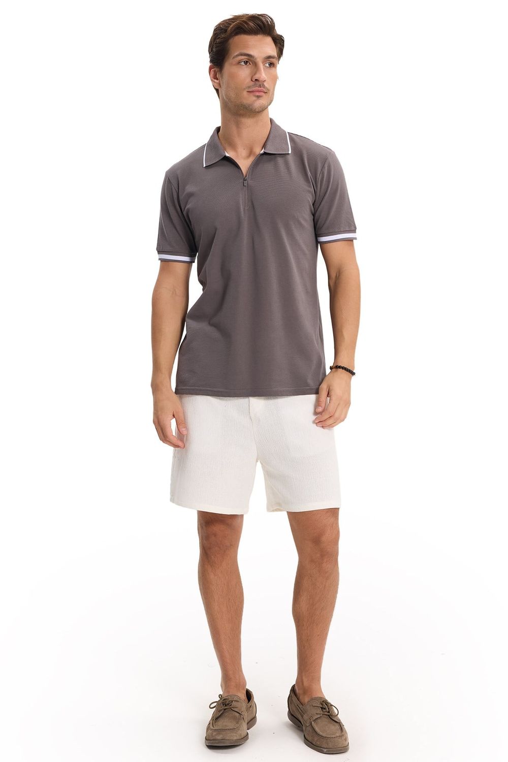 Erkek Slim Fit Dar Kesim %100 Pamuk Jakarlı Düz Yaka ve Kol Detaylı Gri Polo Yaka Tişört