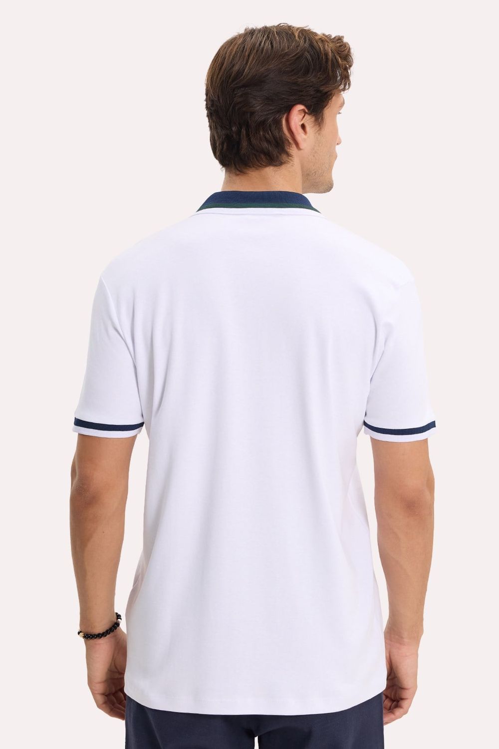 Erkek Slim Fit Dar Kesim %100 Pamuk Kısa Kollu Yarım Fermuarlı Beyaz Polo Yaka Tişört