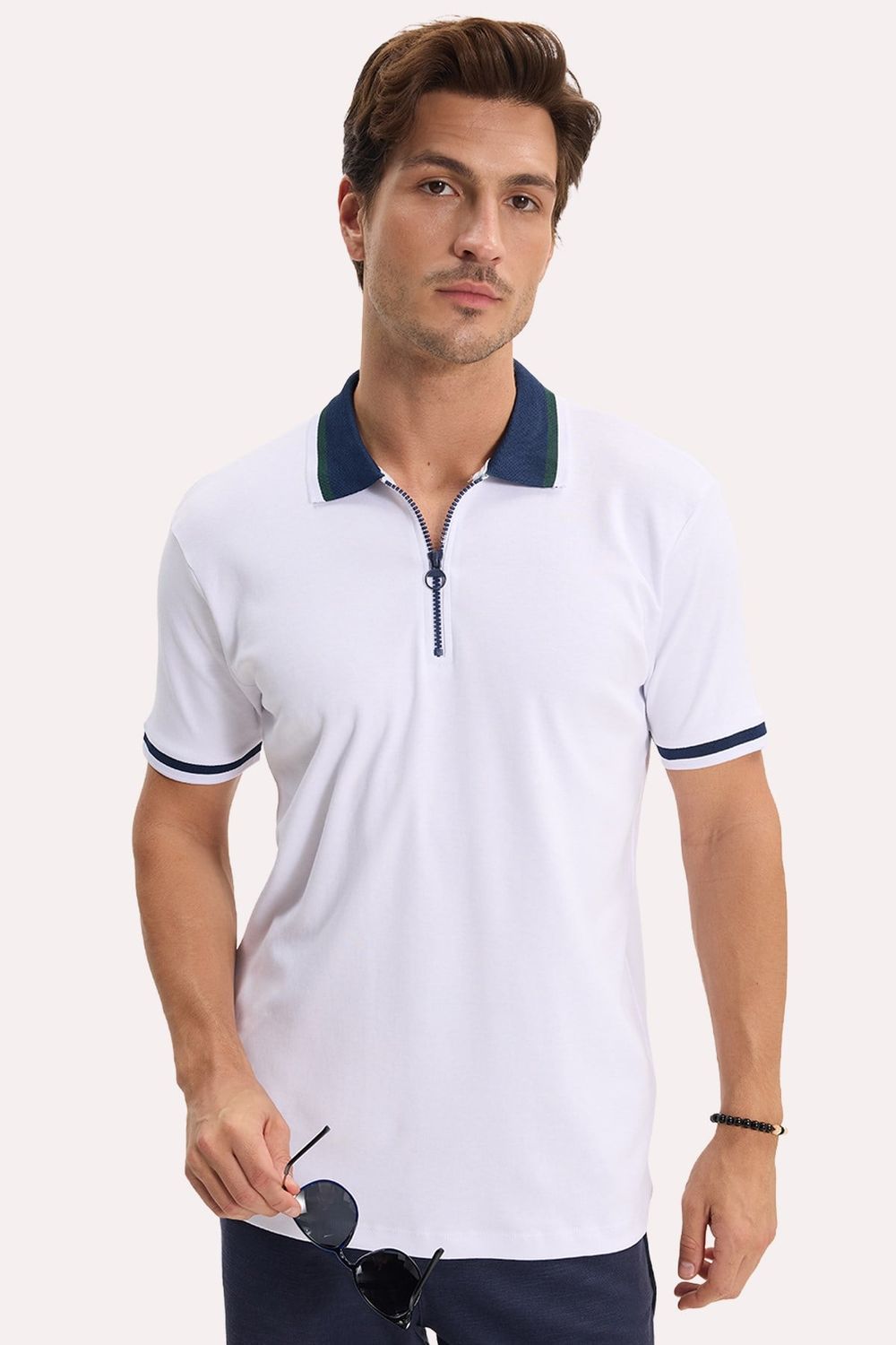Erkek Slim Fit Dar Kesim %100 Pamuk Kısa Kollu Yarım Fermuarlı Beyaz Polo Yaka Tişört