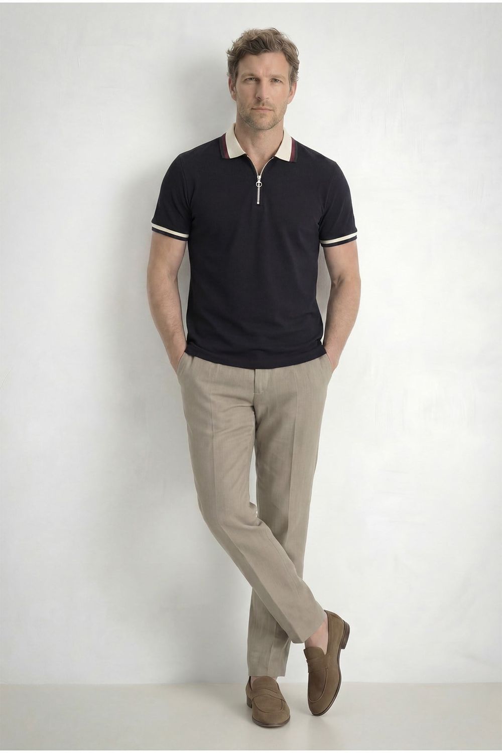 Erkek Slim Fit Dar Kesim %100 Pamuk Kısa Kollu Yarım Fermuarlı Siyah Polo Yaka Tişört