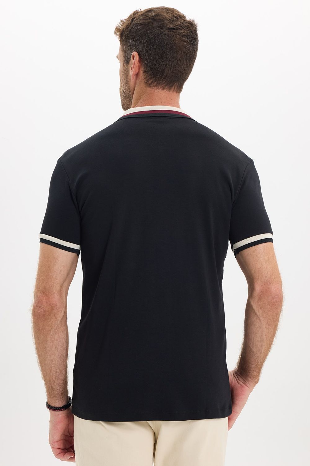 Erkek Slim Fit Dar Kesim %100 Pamuk Kısa Kollu Yarım Fermuarlı Siyah Polo Yaka Tişört