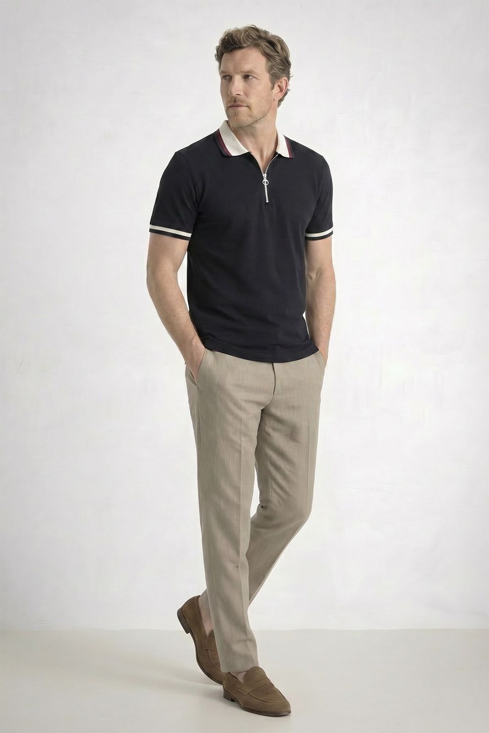 Erkek Slim Fit Dar Kesim %100 Pamuk Kısa Kollu Yarım Fermuarlı Siyah Polo Yaka Tişört