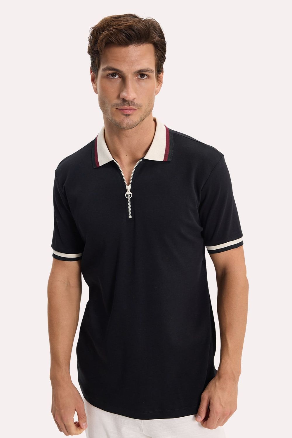 Erkek Slim Fit Dar Kesim %100 Pamuk Kısa Kollu Yarım Fermuarlı Siyah Polo Yaka Tişört