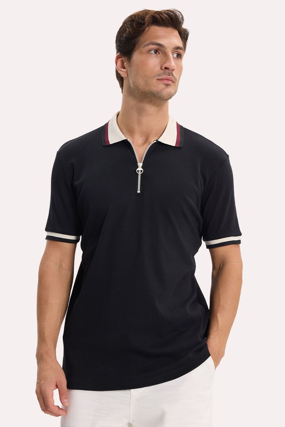 Erkek Slim Fit Dar Kesim %100 Pamuk Kısa Kollu Yarım Fermuarlı Siyah Polo Yaka Tişört