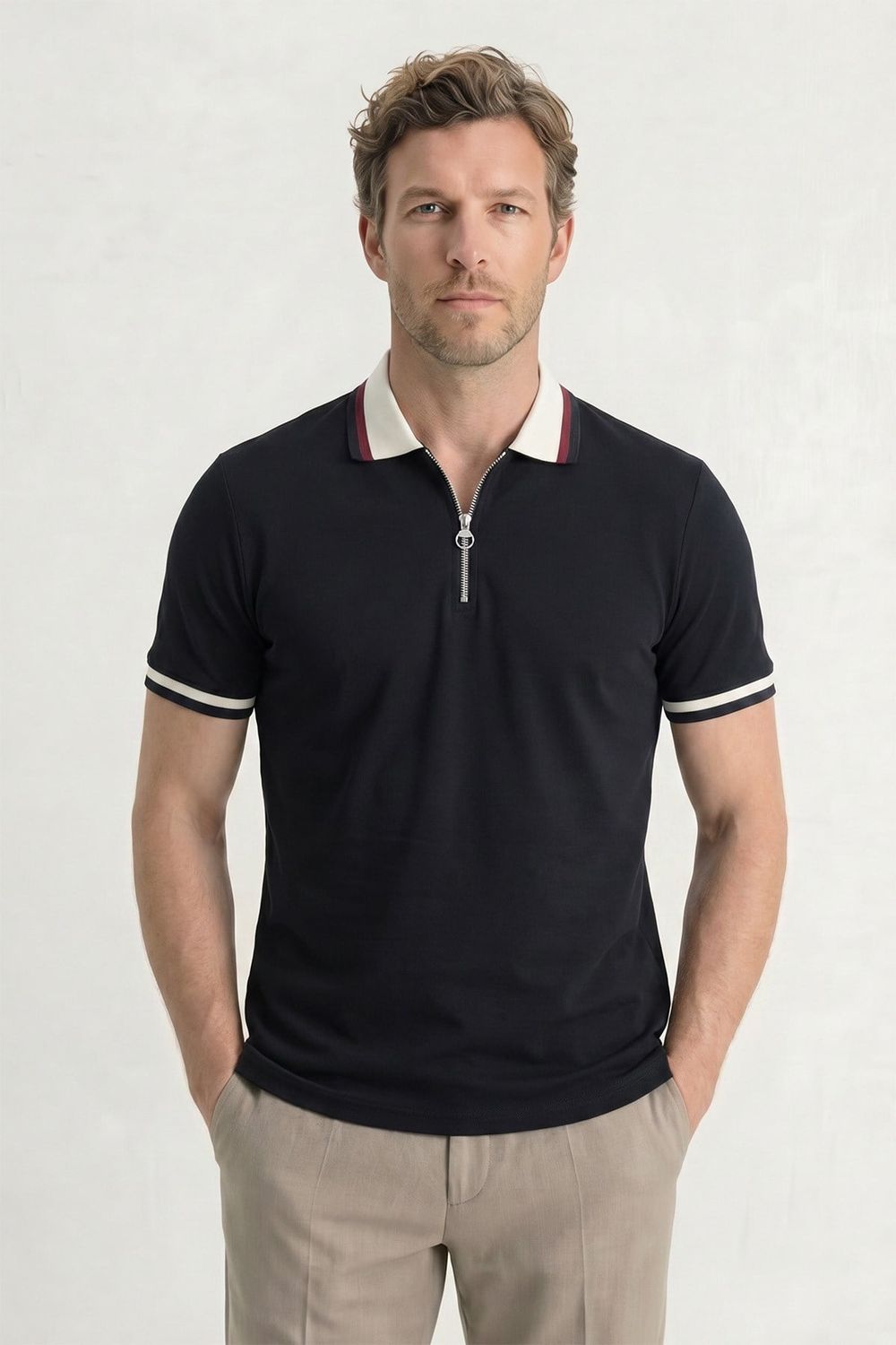 Erkek Slim Fit Dar Kesim %100 Pamuk Kısa Kollu Yarım Fermuarlı Siyah Polo Yaka Tişört