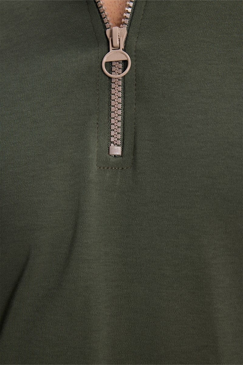 Erkek Slim Fit Dar Kesim %100 Pamuk Kısa Kollu Yarım Fermuarlı Yeşil Polo Yaka Tişört