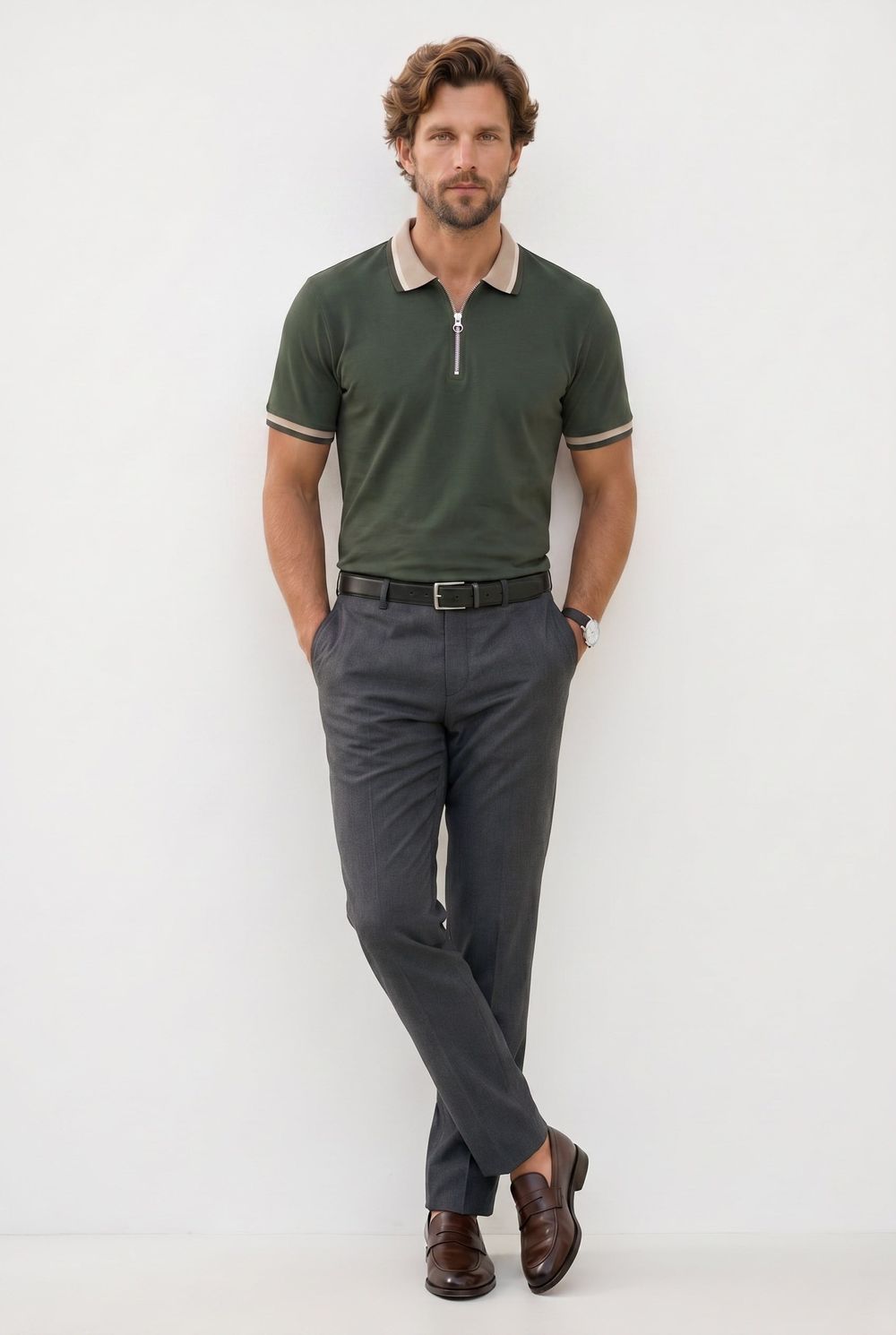 Erkek Slim Fit Dar Kesim %100 Pamuk Kısa Kollu Yarım Fermuarlı Yeşil Polo Yaka Tişört