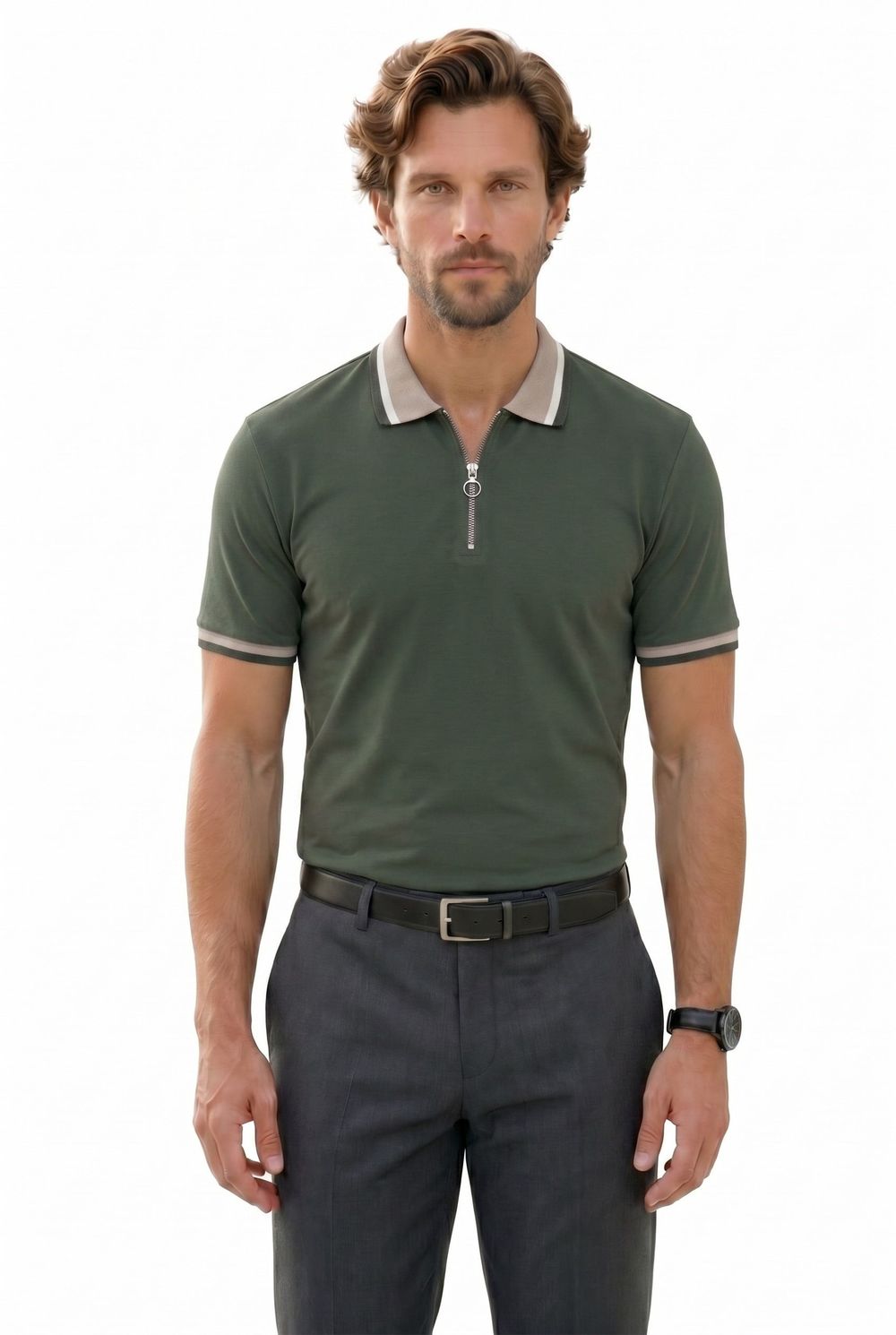 Erkek Slim Fit Dar Kesim %100 Pamuk Kısa Kollu Yarım Fermuarlı Yeşil Polo Yaka Tişört