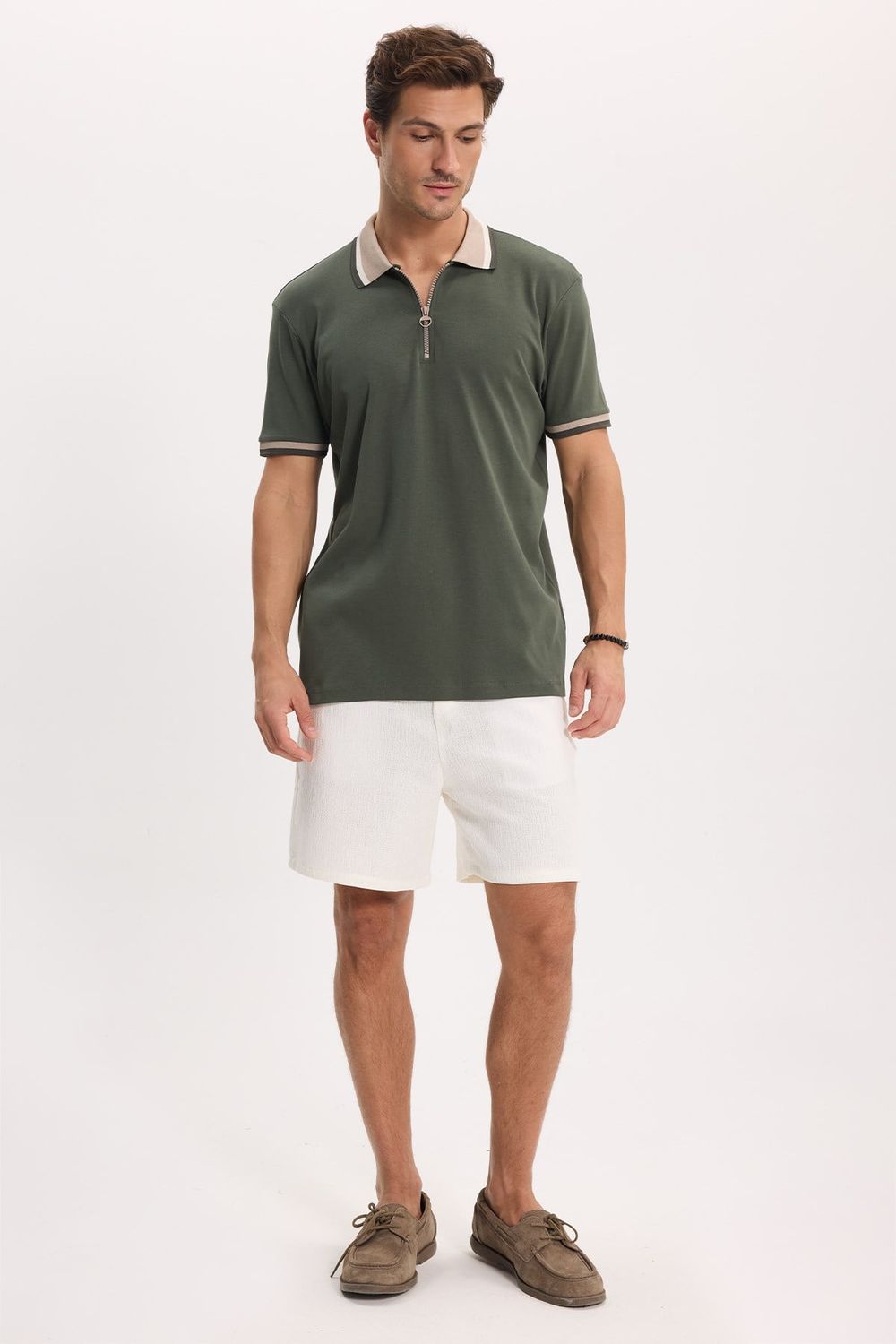 Erkek Slim Fit Dar Kesim %100 Pamuk Kısa Kollu Yarım Fermuarlı Yeşil Polo Yaka Tişört