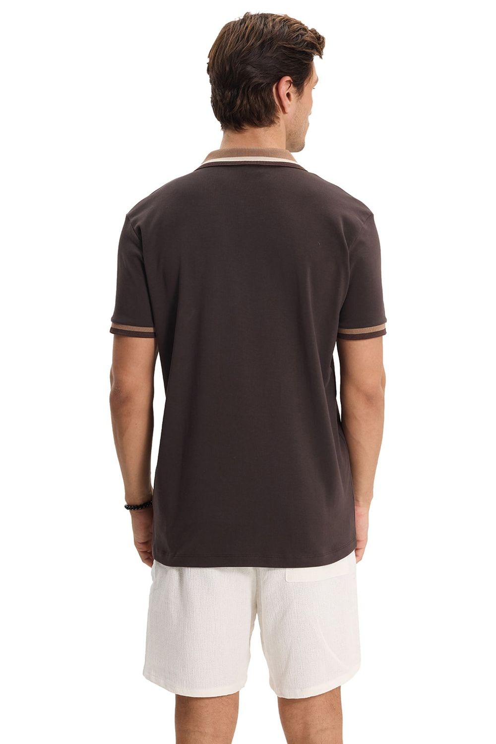 Erkek Slim Fit Dar Kesim %100 Pamuk Kısa Kollu Yarım Fermuarlı Kahverengi Polo Yaka Tişört