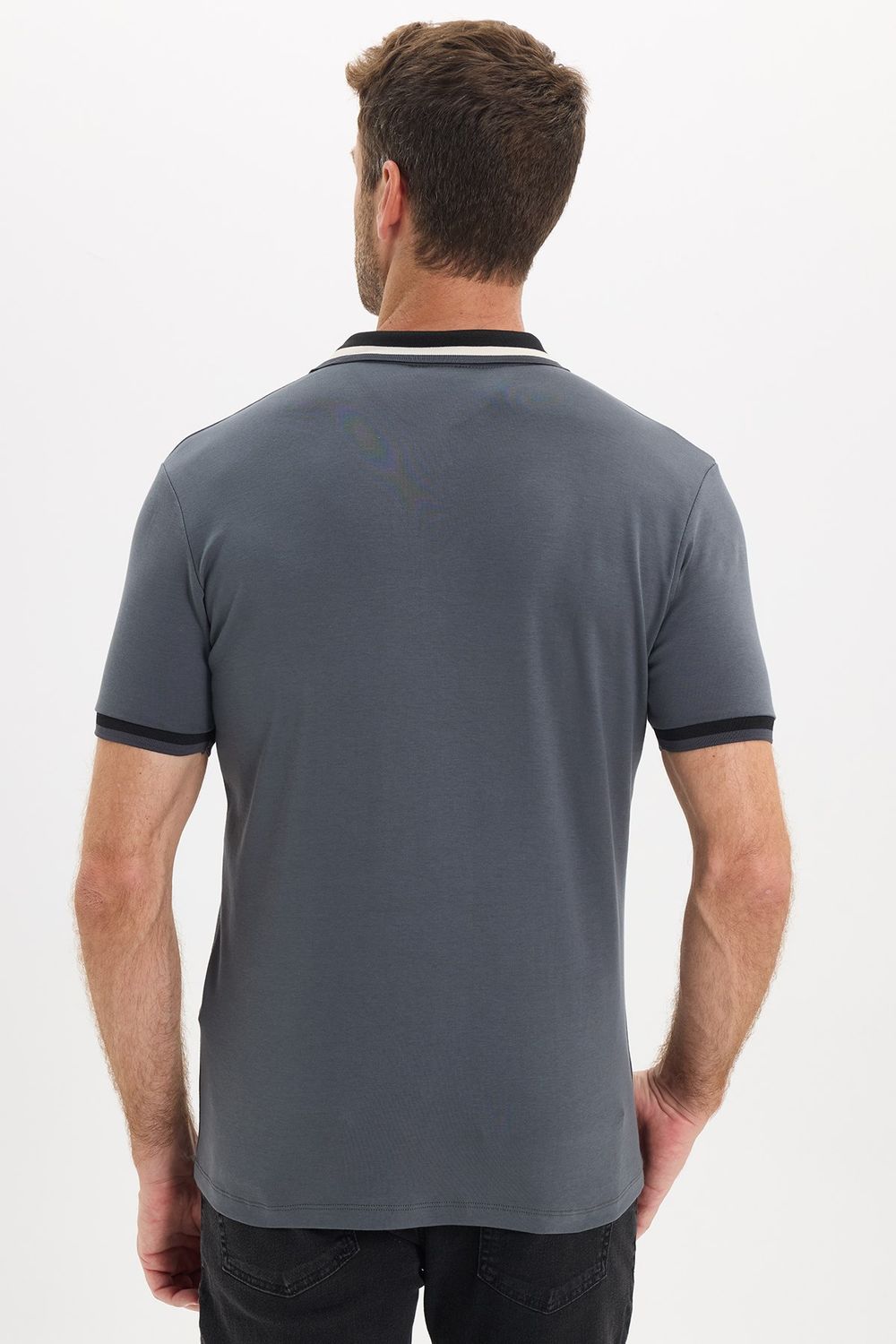 Erkek Slim Fit Dar Kesim %100 Pamuk Kısa Kollu Yarım Fermuarlı Antrasit Polo Yaka Tişört