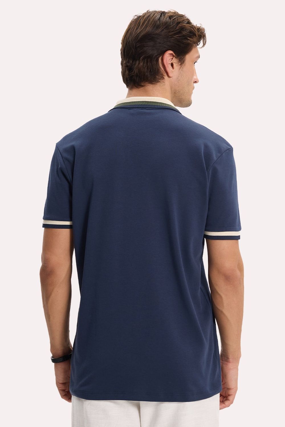 Erkek Slim Fit Dar Kesim %100 Pamuk Kısa Kollu Yarım Fermuarlı Lacivert Polo Yaka Tişört