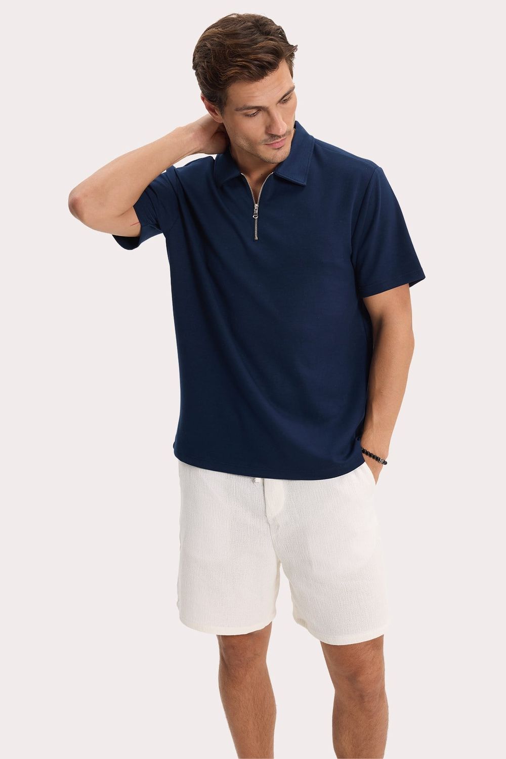 Erkek Slım Fit Dar Kesim Ekstra Soft Modal Kumaş Kısa Kollu Yarım Fermuarlı Lacivert Polo Yaka Tişört