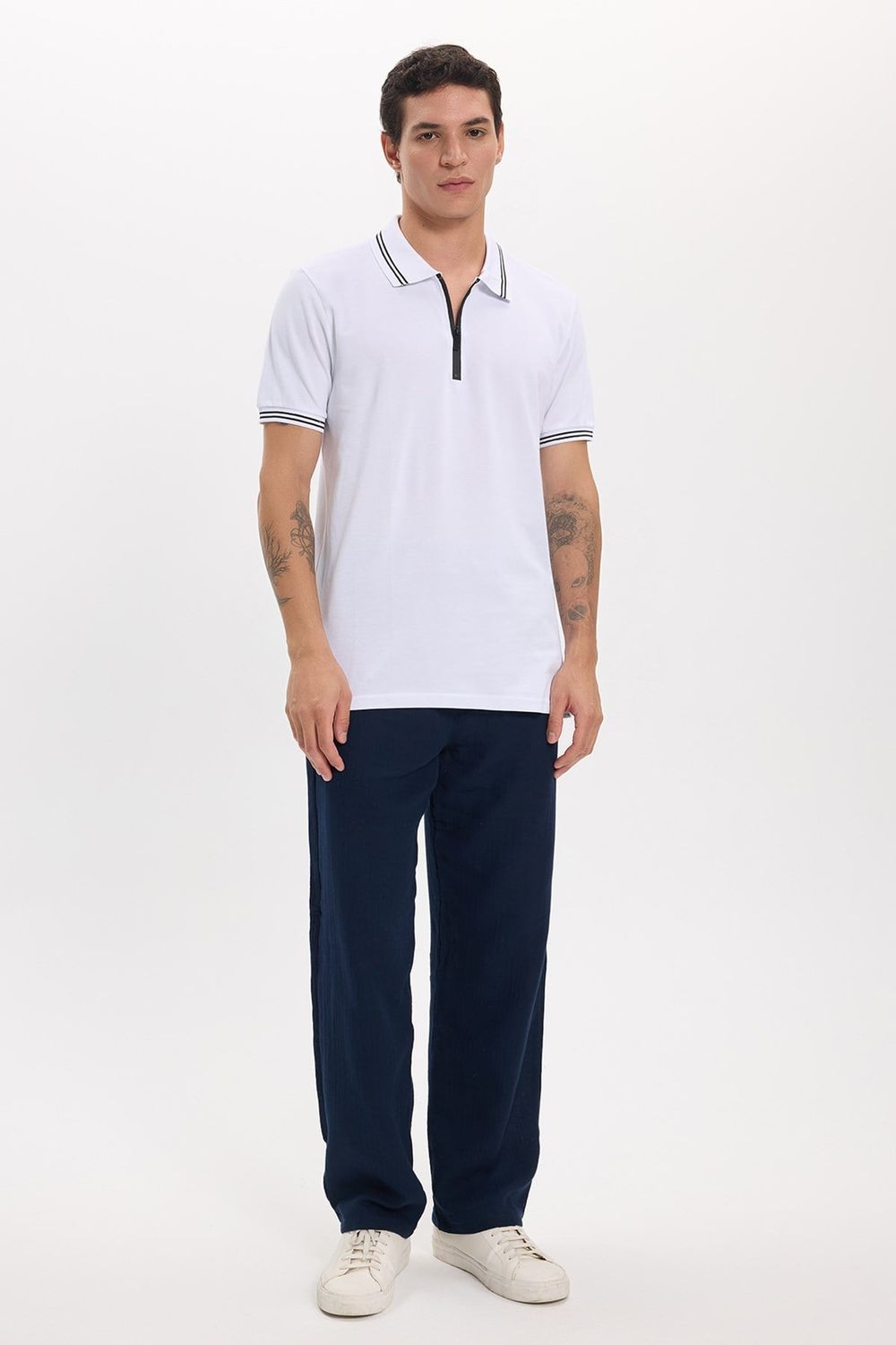 Erkek Slim Fit Dar Kesim %100 Pamuk Kısa Kollu Fermuarlı Beyaz Polo Yaka Tişört