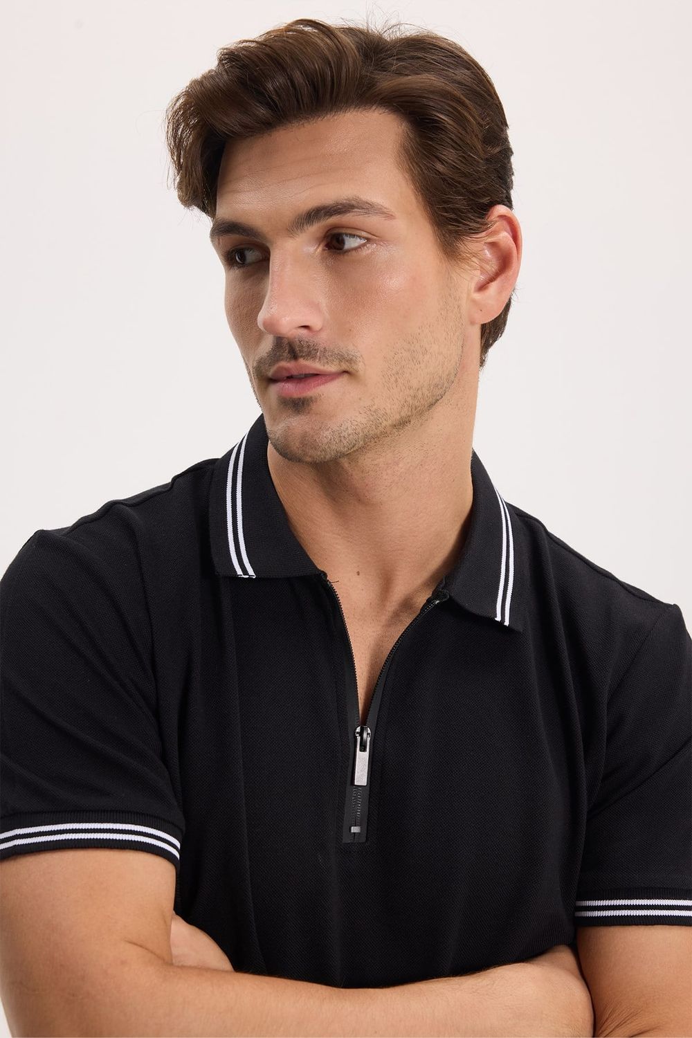 SLIM FIT T-SHIRT PIQUE ZIPPER COLLAR STRONG  TİŞÖRT